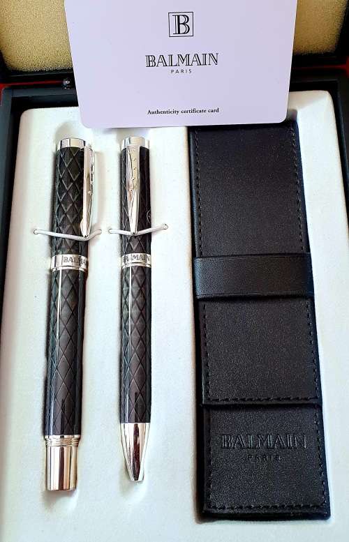 BALMAIN PARIS PEN SET ( 2 X ) WITH LEATHER BOX . AS NEW.