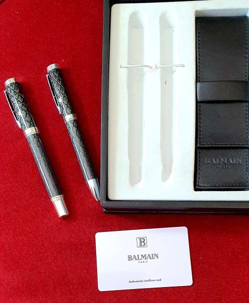 BALMAIN PARIS PEN SET ( 2 X ) WITH LEATHER BOX . AS NEW.