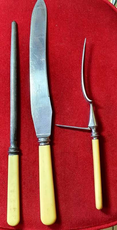 ANTIQUE  BONE HANDLE CARVING KNIFE, FORK & SHARPNER SET.CIRCA 1910 .BY APPOINTMENT OF KING GEORGE V.