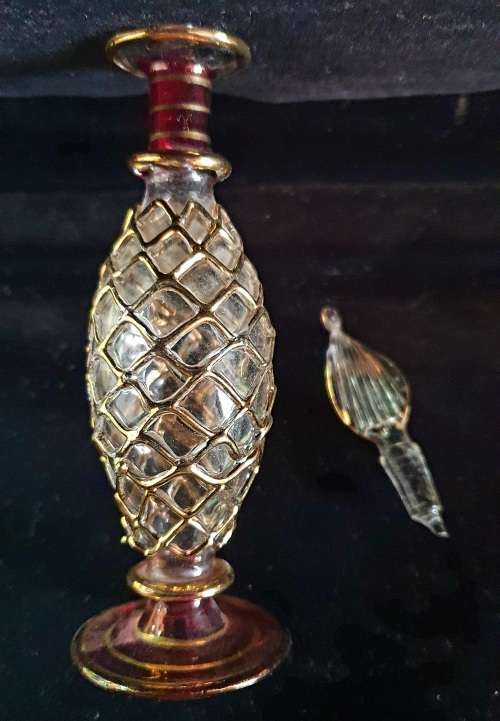 ANTIQUE LEGENDARY EGYPTIAN HAND BLOWN GILDED PERFUME BOTTLE.