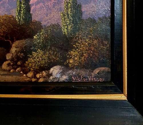 1939 VICTOR VISSER OIL PAINTING ON CANVAS WITH ORNATE FRAME. RIVIER SONDER END.