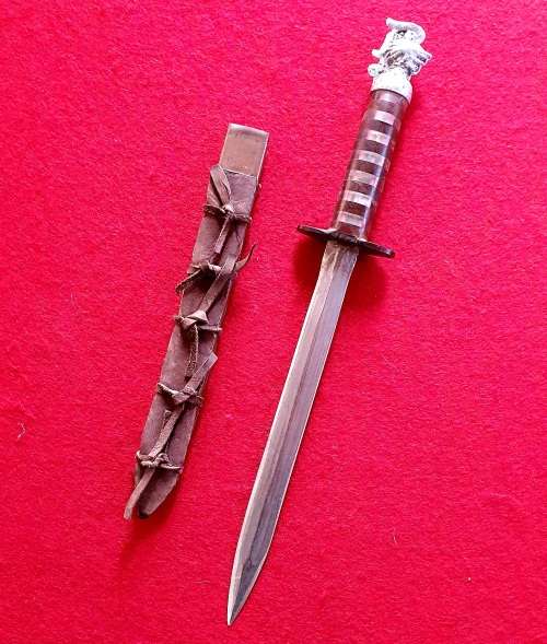 VINTAGE 39CM DAGGER WITH COPPER AND LEATHER SCABBARD,