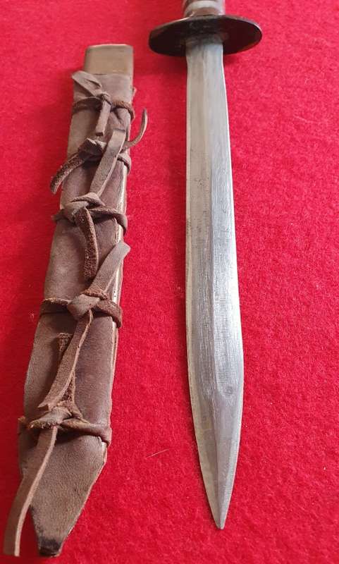 VINTAGE 39CM DAGGER WITH COPPER AND LEATHER SCABBARD,