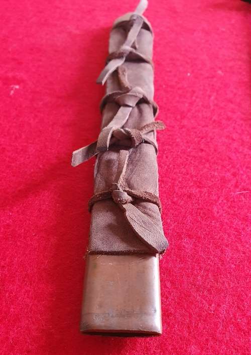 VINTAGE 39CM DAGGER WITH COPPER AND LEATHER SCABBARD,