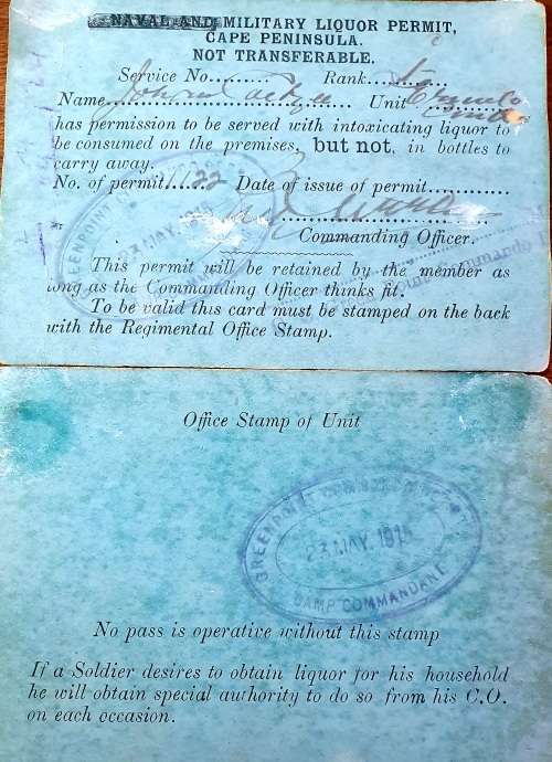 WW1 NAVAL AND MILATARY 1915 SOLDIER PERMIT TO BE SERVED WITH INTOXICATING LIQUOR.