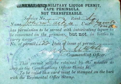WW1 NAVAL AND MILATARY 1915 SOLDIER PERMIT TO BE SERVED WITH INTOXICATING LIQUOR.