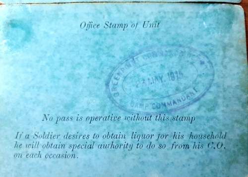 WW1 NAVAL AND MILATARY 1915 SOLDIER PERMIT TO BE SERVED WITH INTOXICATING LIQUOR.