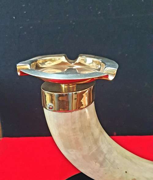 ANTIQUE OX HORN WITH  BRASS ASHTRAY ON STAND. 1920s