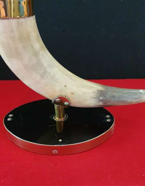 ANTIQUE OX HORN WITH  BRASS ASHTRAY ON STAND. 1920s