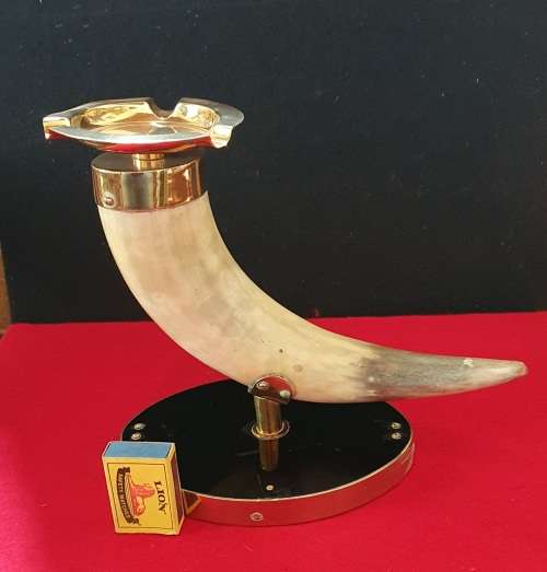 ANTIQUE OX HORN WITH  BRASS ASHTRAY ON STAND. 1920s