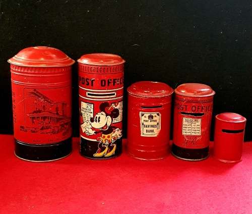 ANTIQUE COLLECTION OF 5 X  METAL POST BOX MONEY SAVING BOXES !! VERY SCARCE FIND!!