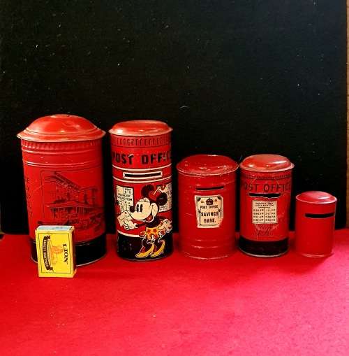ANTIQUE COLLECTION OF 5 X  METAL POST BOX MONEY SAVING BOXES !! VERY SCARCE FIND!!