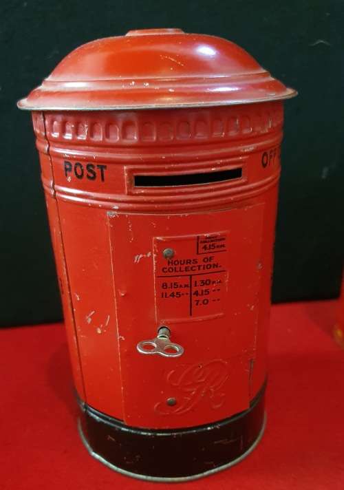 ANTIQUE COLLECTION OF 5 X  METAL POST BOX MONEY SAVING BOXES !! VERY SCARCE FIND!!