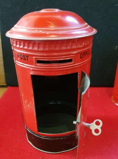 ANTIQUE COLLECTION OF 5 X  METAL POST BOX MONEY SAVING BOXES !! VERY SCARCE FIND!!