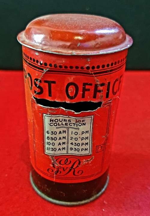 ANTIQUE COLLECTION OF 5 X  METAL POST BOX MONEY SAVING BOXES !! VERY SCARCE FIND!!