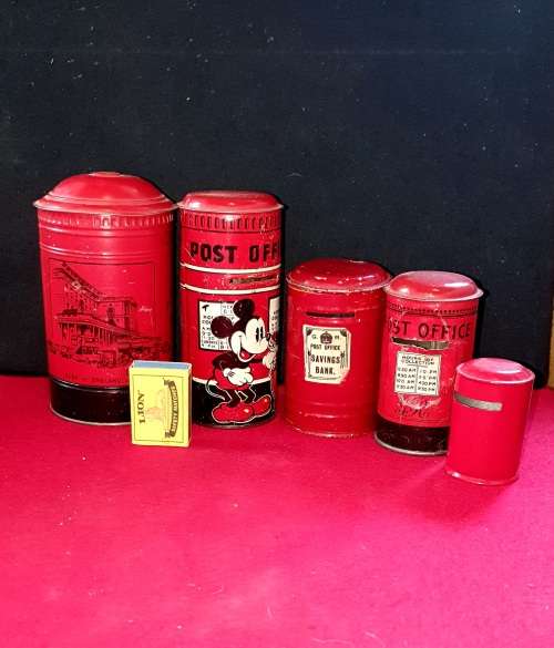ANTIQUE COLLECTION OF 5 X  METAL POST BOX MONEY SAVING BOXES !! VERY SCARCE FIND!!