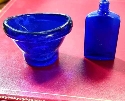 ANTIQUE COBALT BLUE GLASS EYE WASHER AND BOURJOIS PERFUME BOTTLE