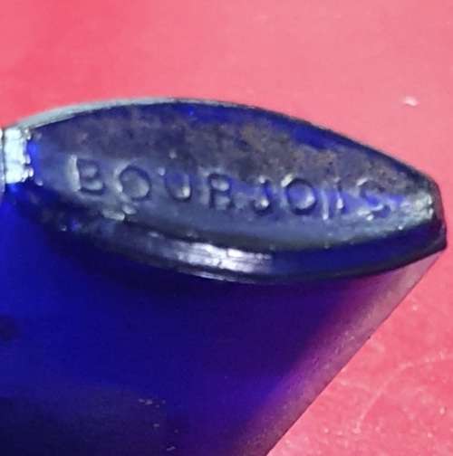 ANTIQUE COBALT BLUE GLASS EYE WASHER AND BOURJOIS PERFUME BOTTLE