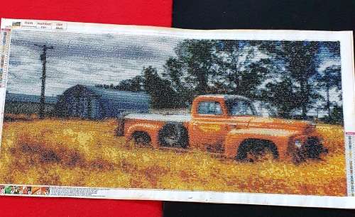 ANTIQUE HUGE BEADED POINT  WORK OF OLD FORD BAKKIE ON CANVAS  !! SCARCE !!! 78 CM X 36 CM .
