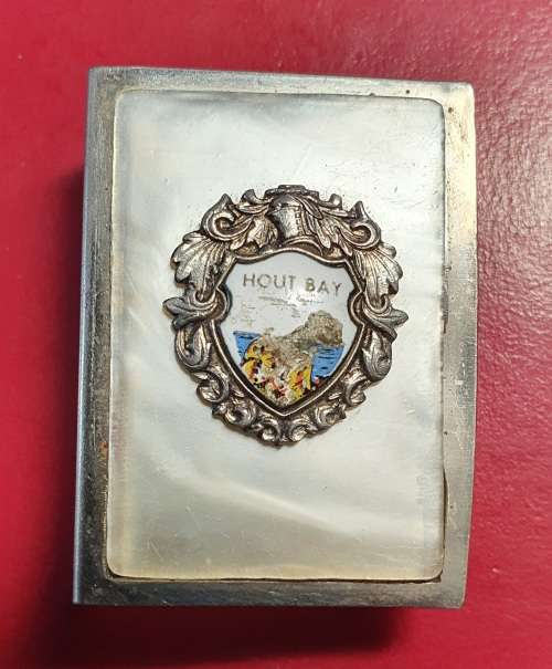 ANTIQUE METAL MATCH BOX HOLDER WITH MOTHER OF PEARL. HOUTBAY. HAND MADE .