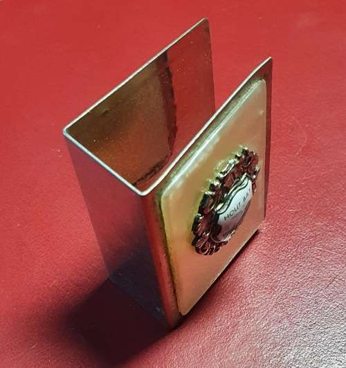 ANTIQUE METAL MATCH BOX HOLDER WITH MOTHER OF PEARL. HOUTBAY. HAND MADE .