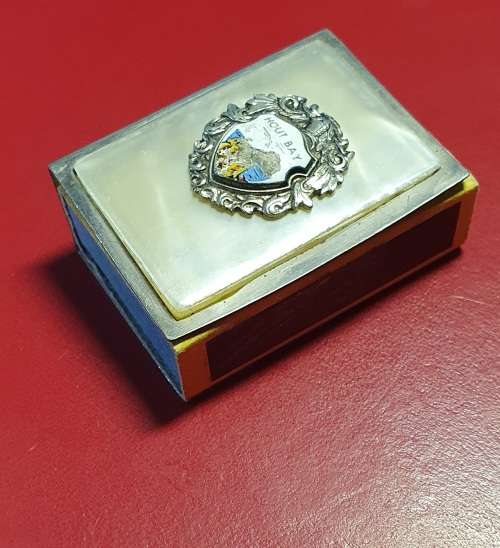 ANTIQUE METAL MATCH BOX HOLDER WITH MOTHER OF PEARL. HOUTBAY. HAND MADE .