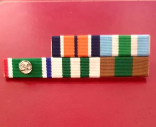 SAAF MEDAL BAR WITH RIBBONS. INCL 30 YEARS SERVICE.