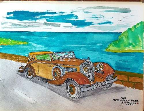 11 X ORIGINAL ANTIQUE VEHICLES WATER COLOUR ON CARTON . 22CM X 16CM EACH. SIGNED. IDEAL FOR FRAMING.