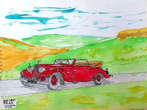 11 X ORIGINAL ANTIQUE VEHICLES WATER COLOUR ON CARTON . 22CM X 16CM EACH. SIGNED. IDEAL FOR FRAMING.
