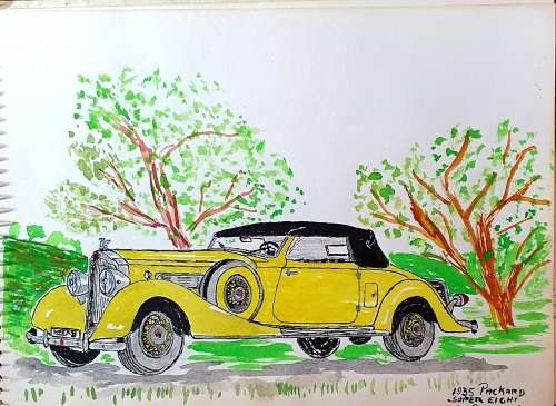 11 X ORIGINAL ANTIQUE VEHICLES WATER COLOUR ON CARTON . 22CM X 16CM EACH. SIGNED. IDEAL FOR FRAMING.