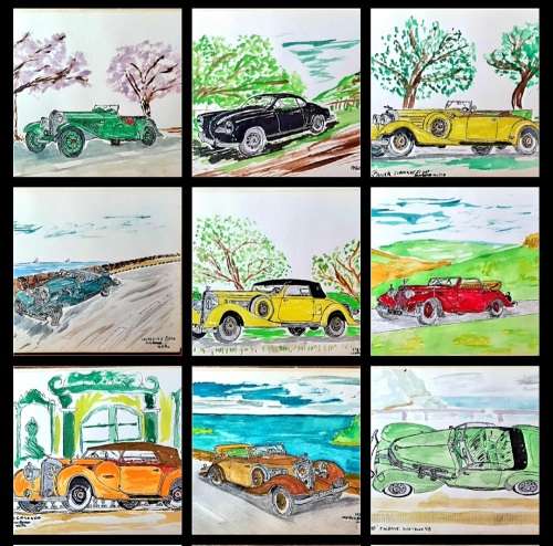 11 X ORIGINAL ANTIQUE VEHICLES WATER COLOUR ON CARTON . 22CM X 16CM EACH. SIGNED. IDEAL FOR FRAMING.
