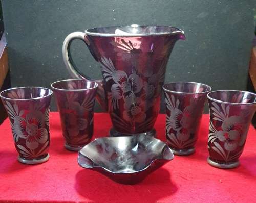 1890 VICTORIAN AMETHYST GLASS LEAD HAND PAINTED WATER PITCHER,4 GLASES,CONDIMENT BOWL.