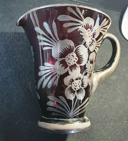 1890 VICTORIAN AMETHYST GLASS LEAD HAND PAINTED WATER PITCHER,4 GLASES,CONDIMENT BOWL.