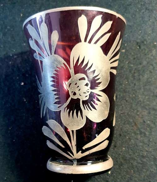 1890 VICTORIAN AMETHYST GLASS LEAD HAND PAINTED WATER PITCHER,4 GLASES,CONDIMENT BOWL.