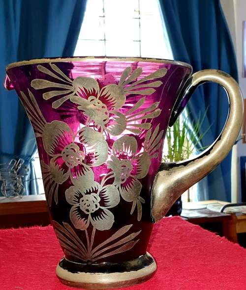 1890 VICTORIAN AMETHYST GLASS LEAD HAND PAINTED WATER PITCHER,4 GLASES,CONDIMENT BOWL.