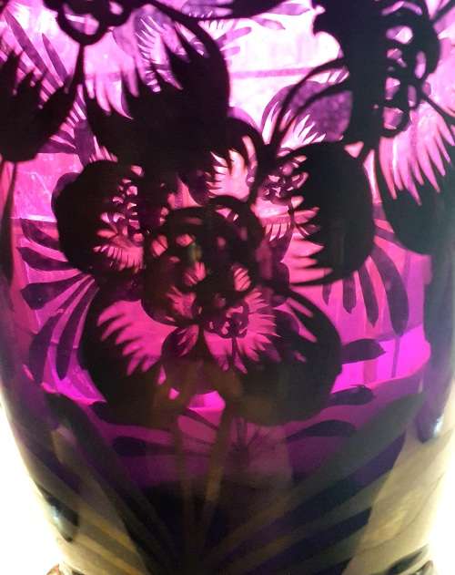 1890 VICTORIAN AMETHYST GLASS LEAD HAND PAINTED WATER PITCHER,4 GLASES,CONDIMENT BOWL.