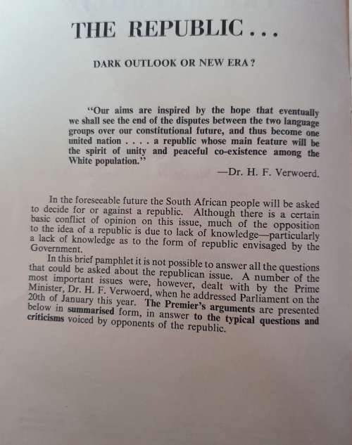 1960 LAST STEPS TO THE REPUBLIC OF SOUTH AFRICA. SPEECH BY DR.H.F.V.VERWOERD.