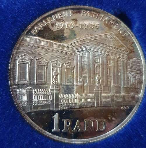 1985 PROOF SET INCL SILVER PALRLIAMENT 1910-1985 ONE RAND.
