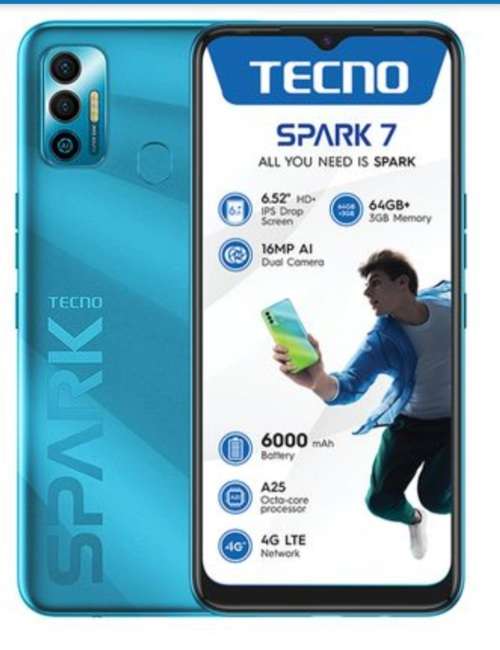TECNO SPARK 7 CELL PHONE. 64GB 4G DS MORPHEUS BLUE. NEW IN UNOPENED BOX.