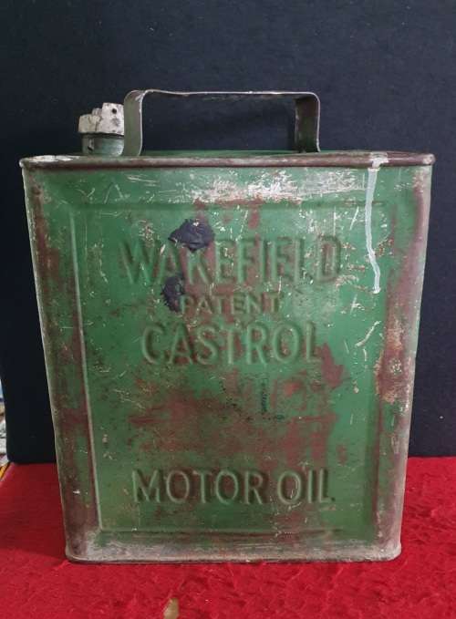 ANTIQUE EMBOSSED WAKEFIELD CASTROL MOTOR OIL 2 GALLON CAN.