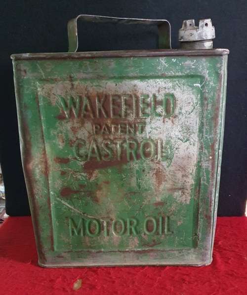 ANTIQUE EMBOSSED WAKEFIELD CASTROL MOTOR OIL 2 GALLON CAN.