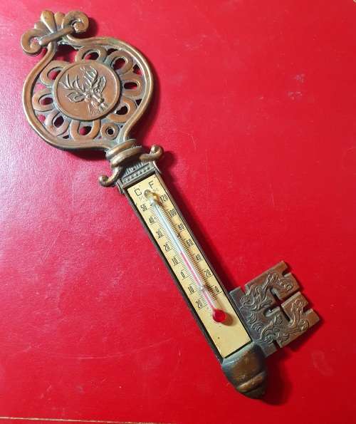 VINTAGE COPPER JAGERMEISTER WALL THERMOMETER .WORKING. 17CM LONG. celsius & fahrenheit