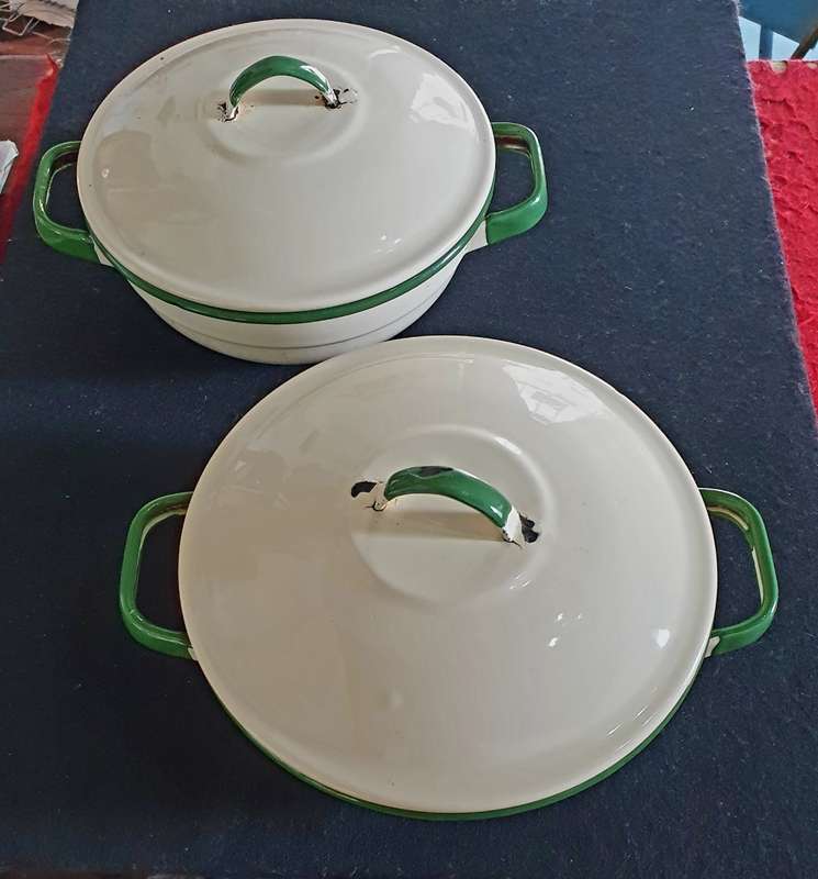 2 X Antique big heavy enamel Casseroles with lids. Bid per Casserole.