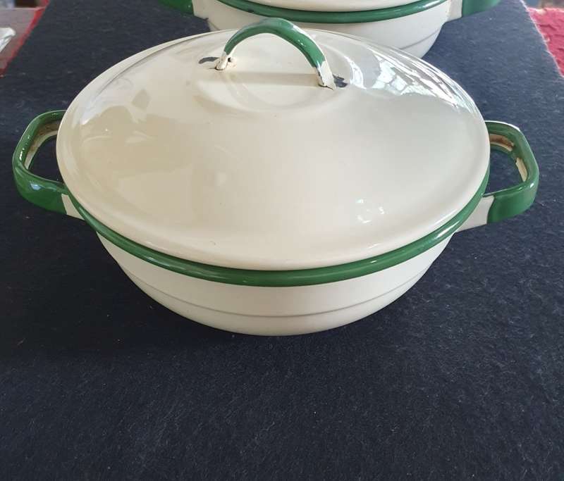 2 X Antique big heavy enamel Casseroles with lids. Bid per Casserole.