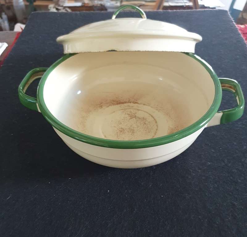 2 X Antique big heavy enamel Casseroles with lids. Bid per Casserole.