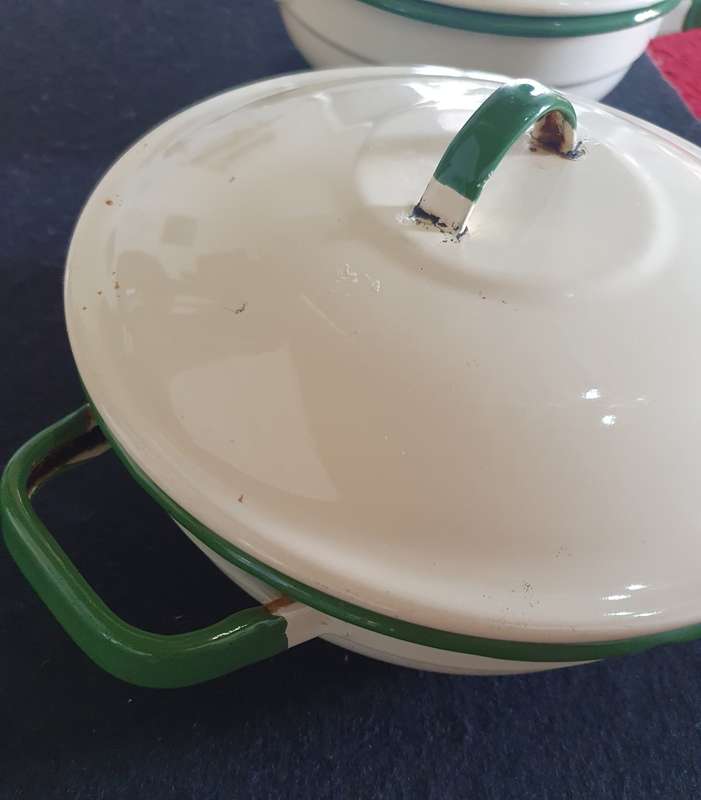 2 X Antique big heavy enamel Casseroles with lids. Bid per Casserole.
