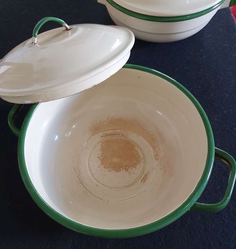 2 X Antique big heavy enamel Casseroles with lids. Bid per Casserole.