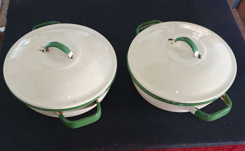 2 X Antique big heavy enamel Casseroles with lids. Bid per Casserole.