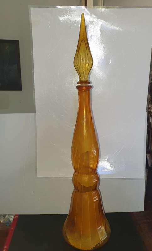 70CM HIGH ANTIQUE AMBER GENIE BOTTLE. SCARCE FIND !! STUNNING DETAIL !
