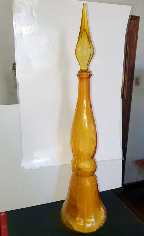 70CM HIGH ANTIQUE AMBER GENIE BOTTLE. SCARCE FIND !! STUNNING DETAIL !